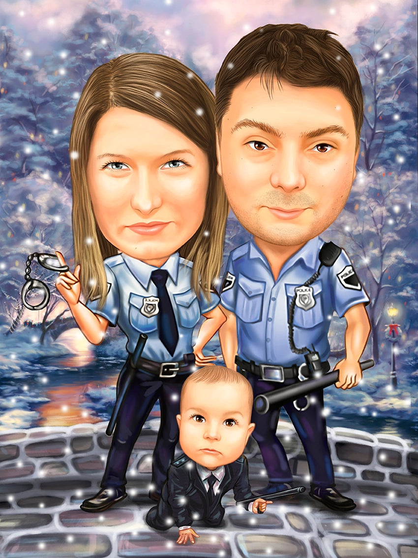 Baby policeman family caricature