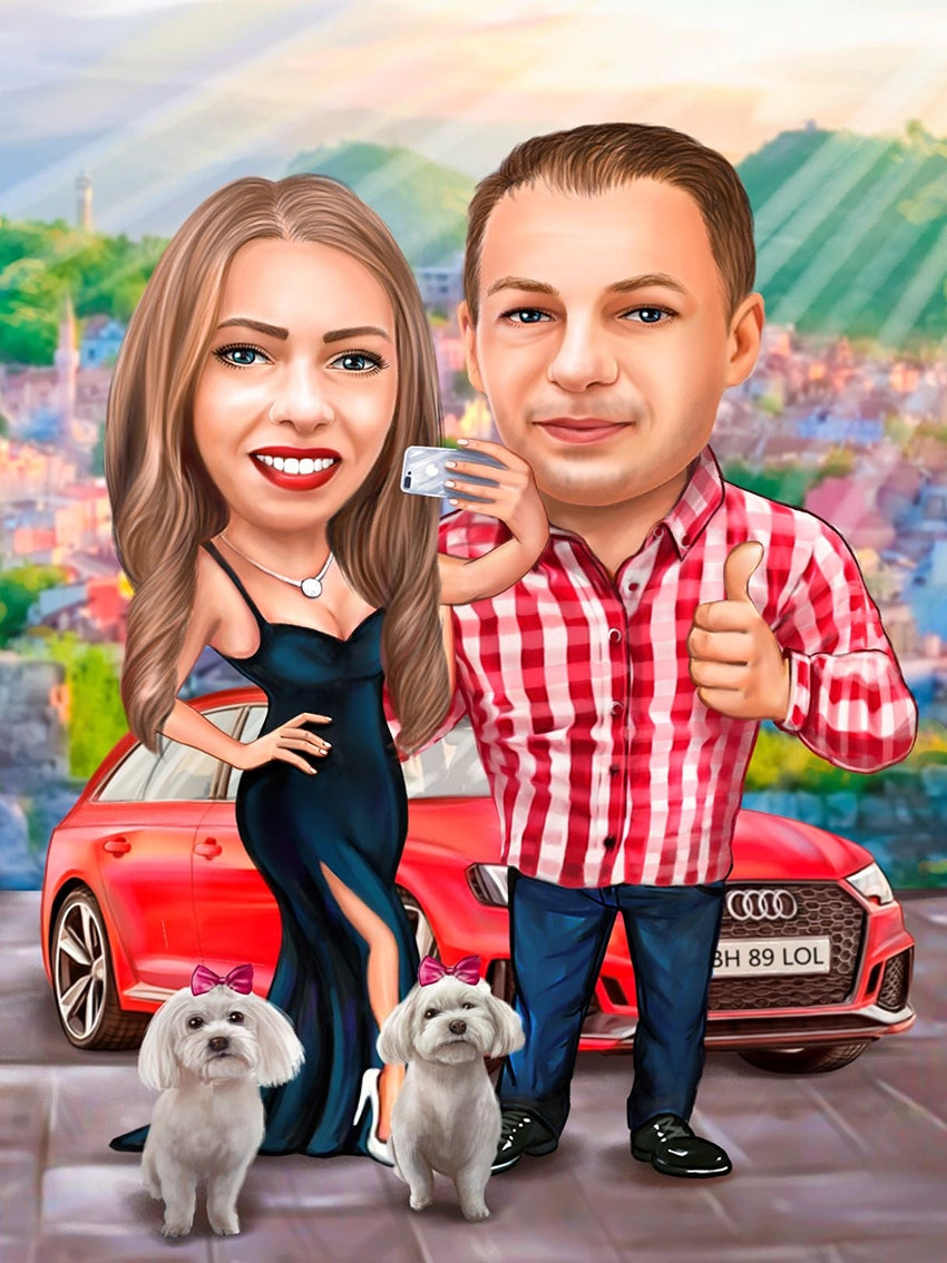Couple with a dog and a car caricature