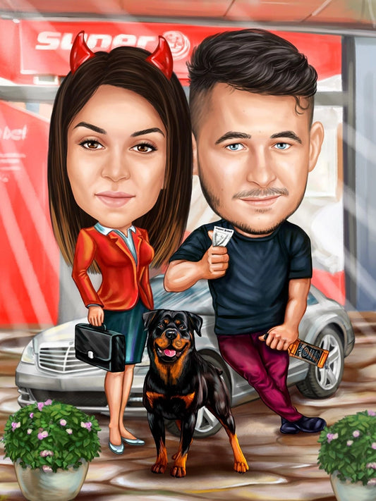 Couple and their favorite dog caricature