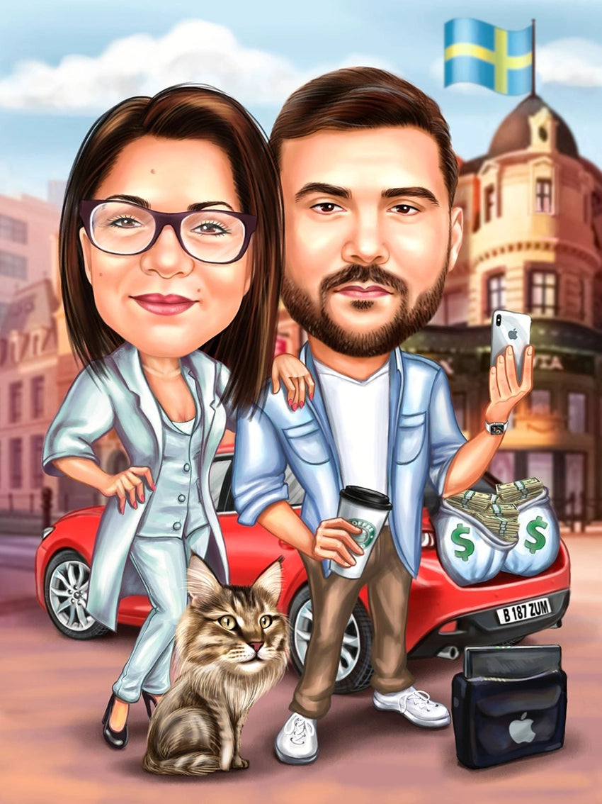 Couple and a cat caricature