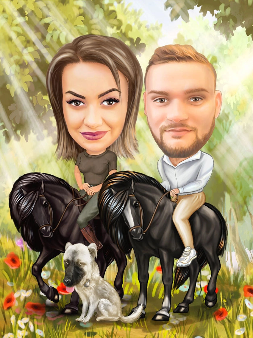 Couple taking a walk with horses caricature