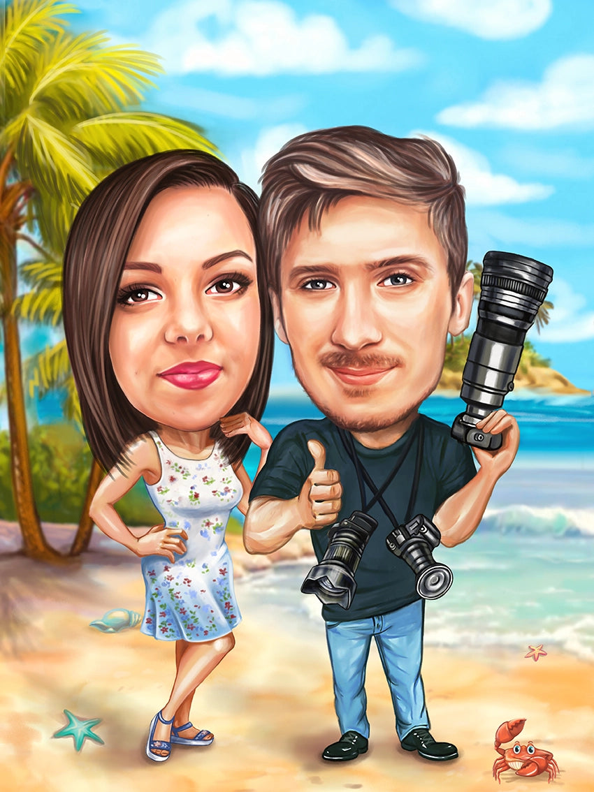 Photographer and his girlfriend at the beach couple caricature