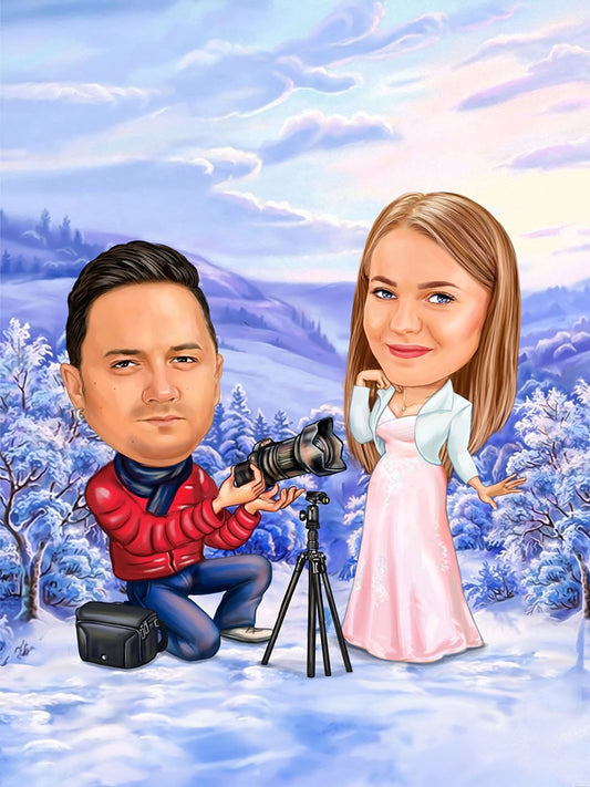 Photographer couple in the snow caricature