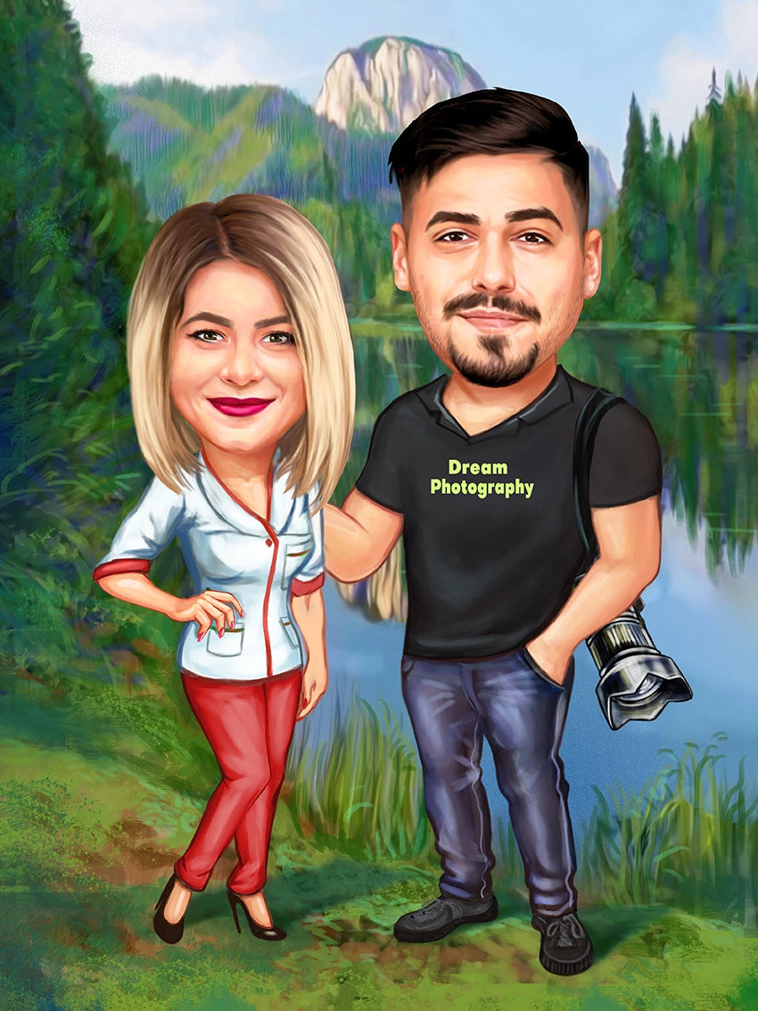 Photographer couple next to the lake caricature