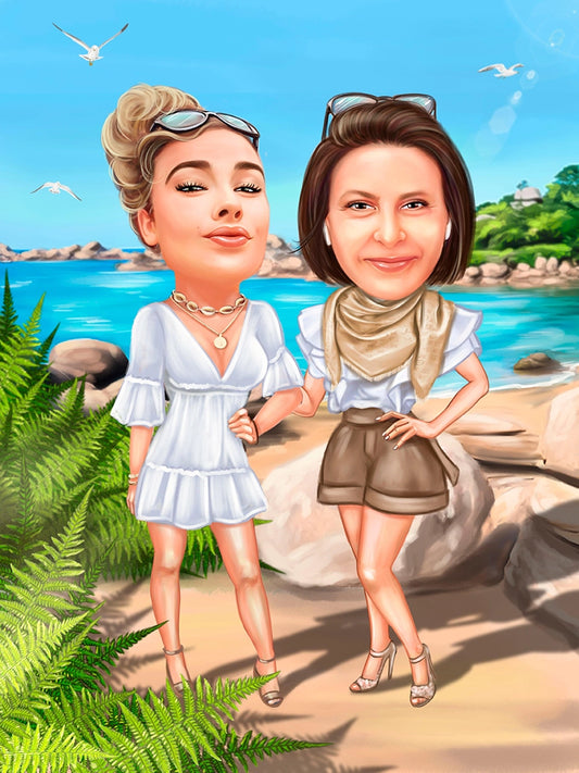 Best friends at the sea caricature