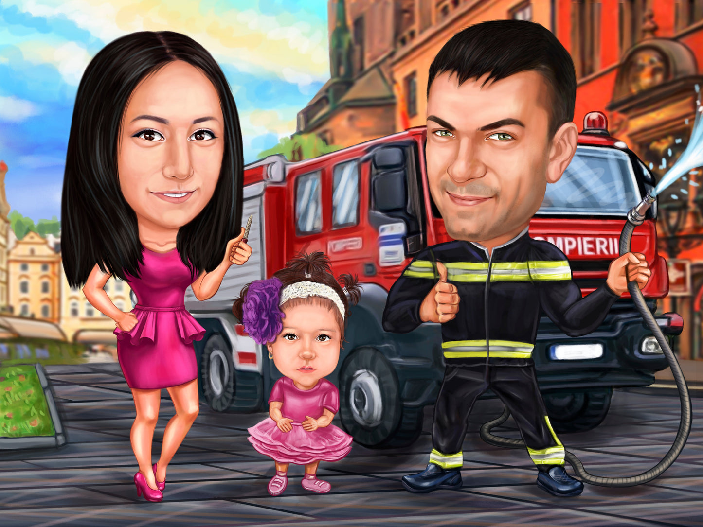 Firefighter's help family caricature