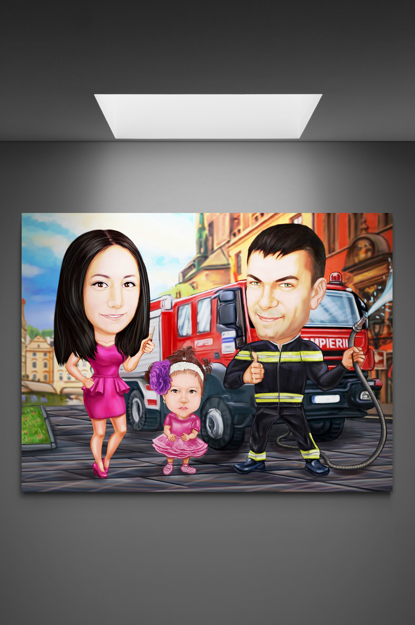 Firefighter's help family caricature