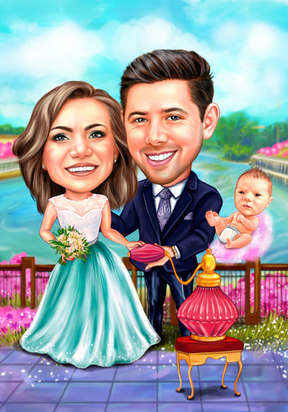 Christening next to the river caricature