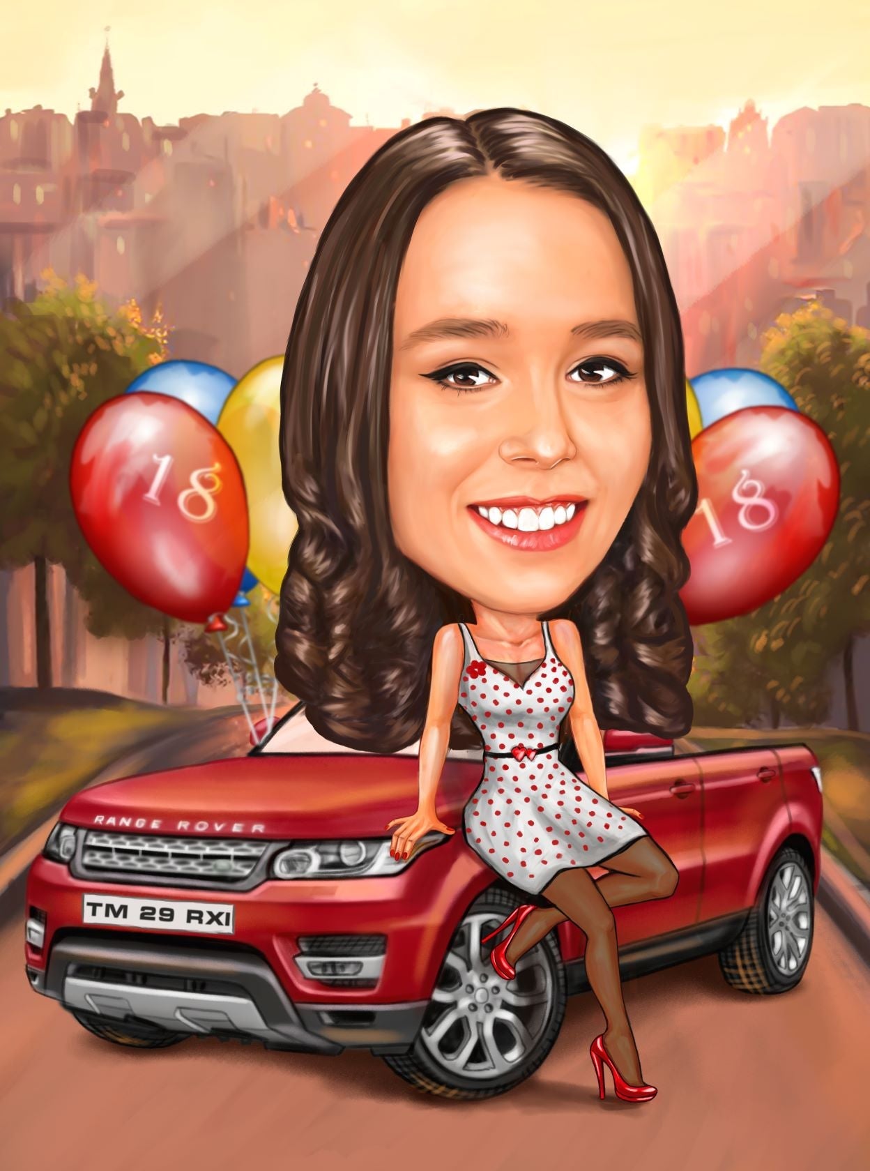 18th anniversary car gift caricature