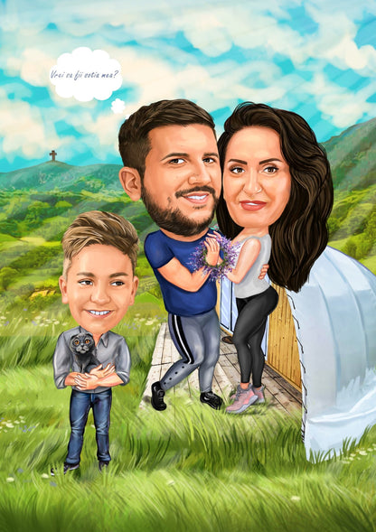 Marriage proposal when camping family caricature