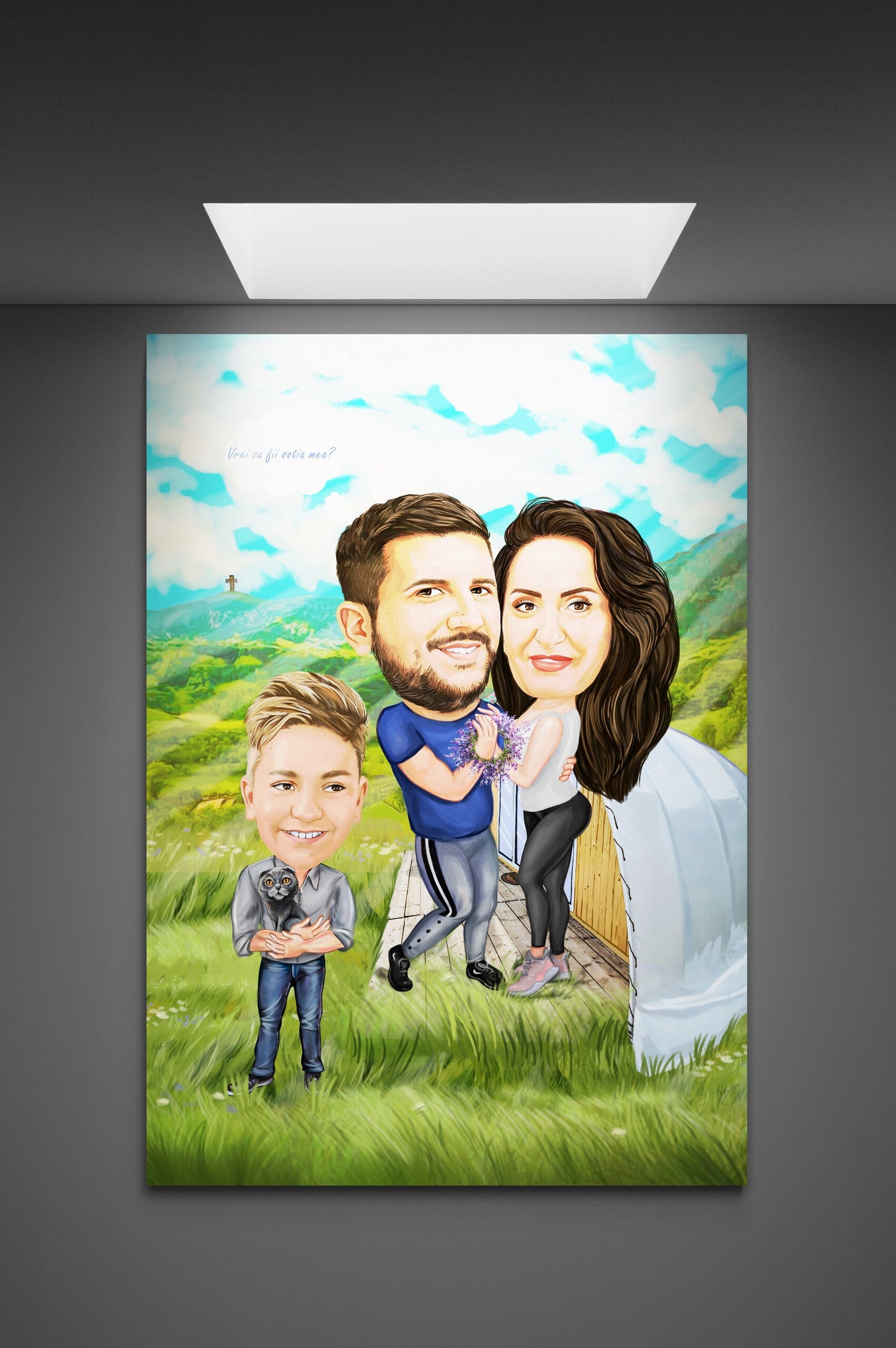 Marriage proposal when camping family caricature