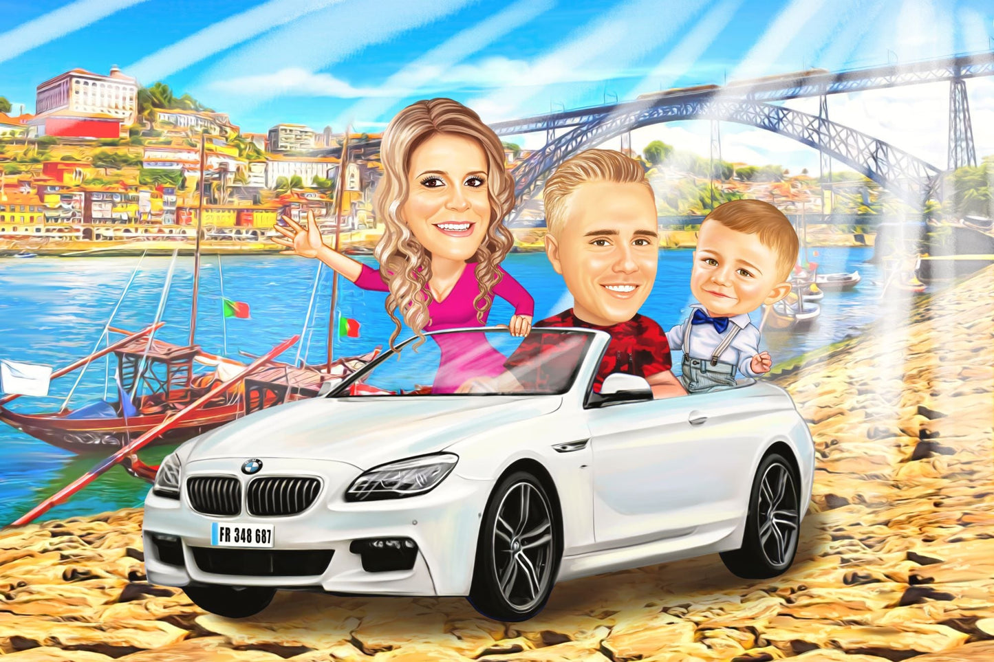 Family driving the car caricature