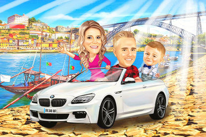 Family driving the car caricature