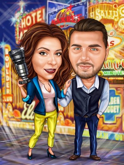 Photographer couple in Vegas caricature