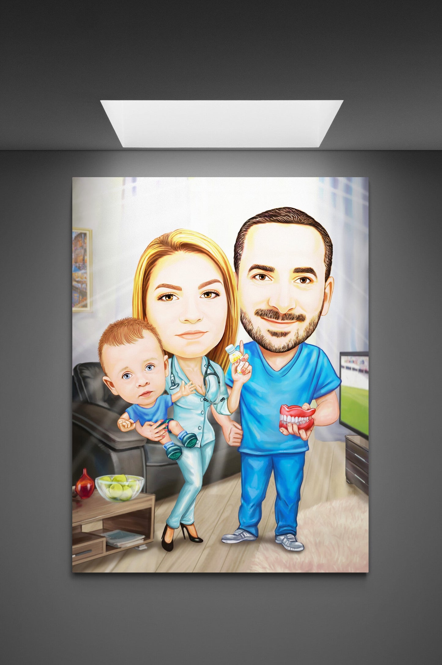 Family at the eye specialist caricature
