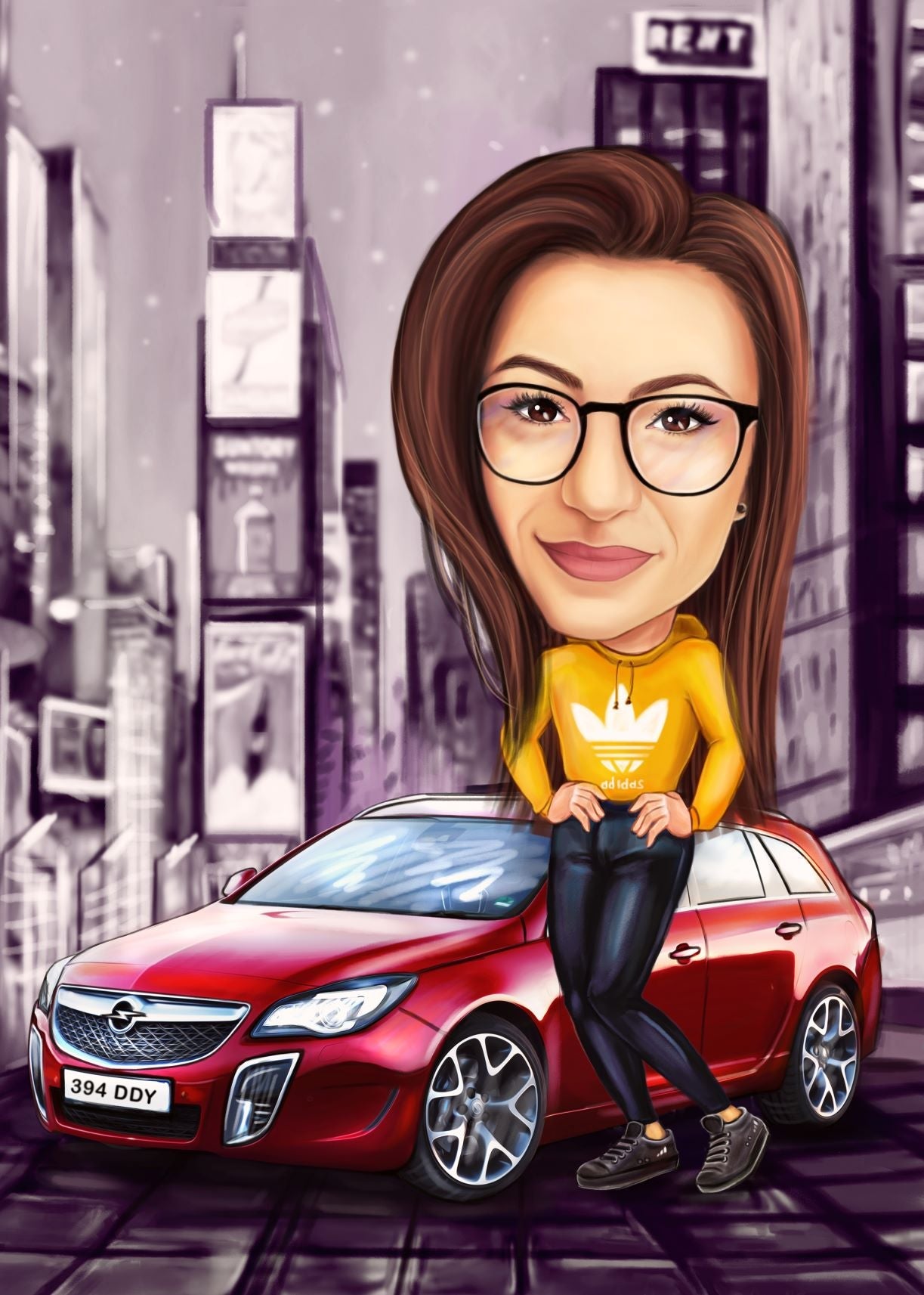 In the city by car caricature