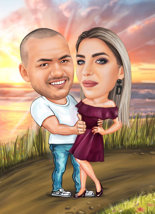 In love couple on the grass caricature