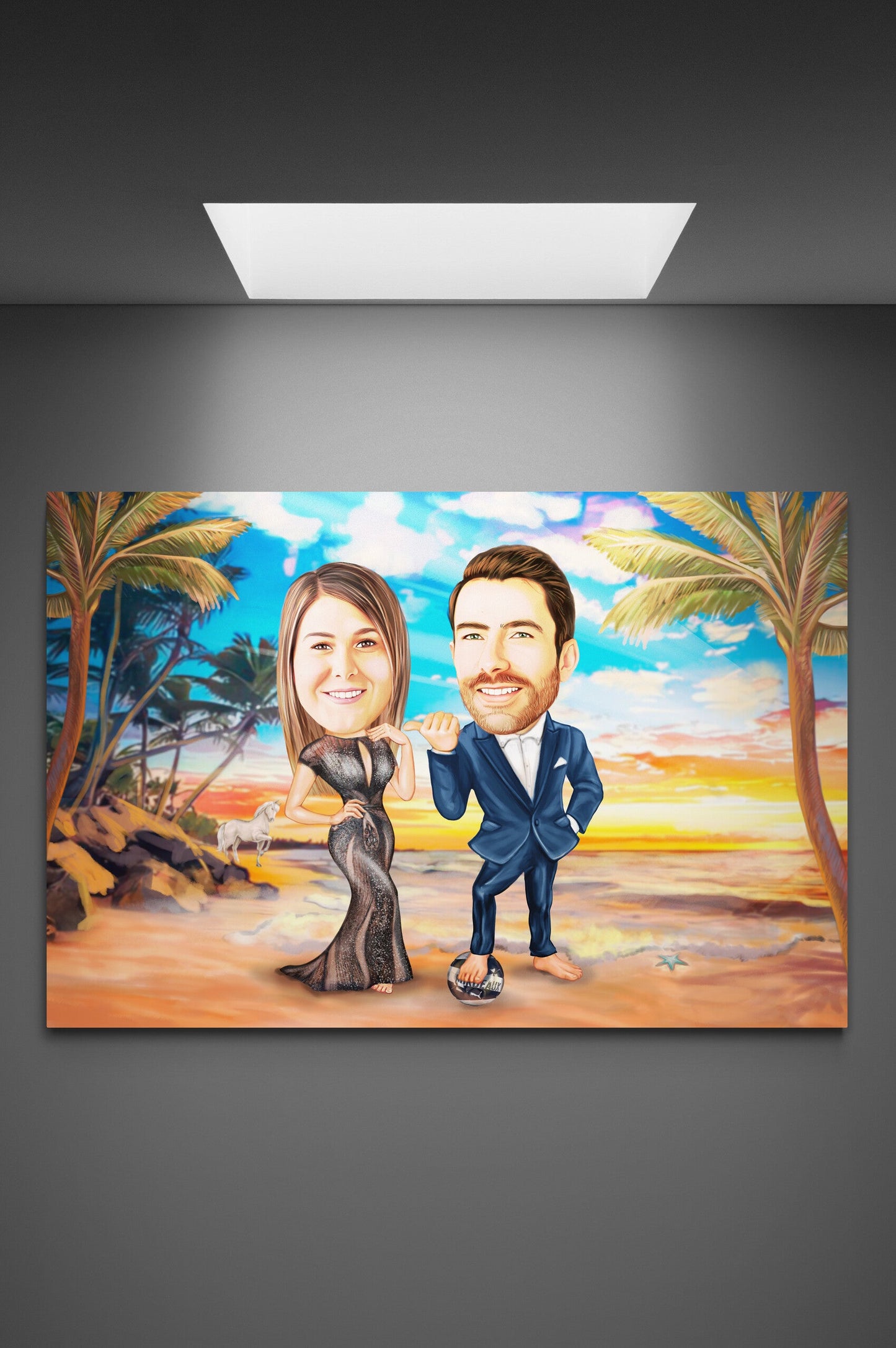 In love couple at sunset caricature