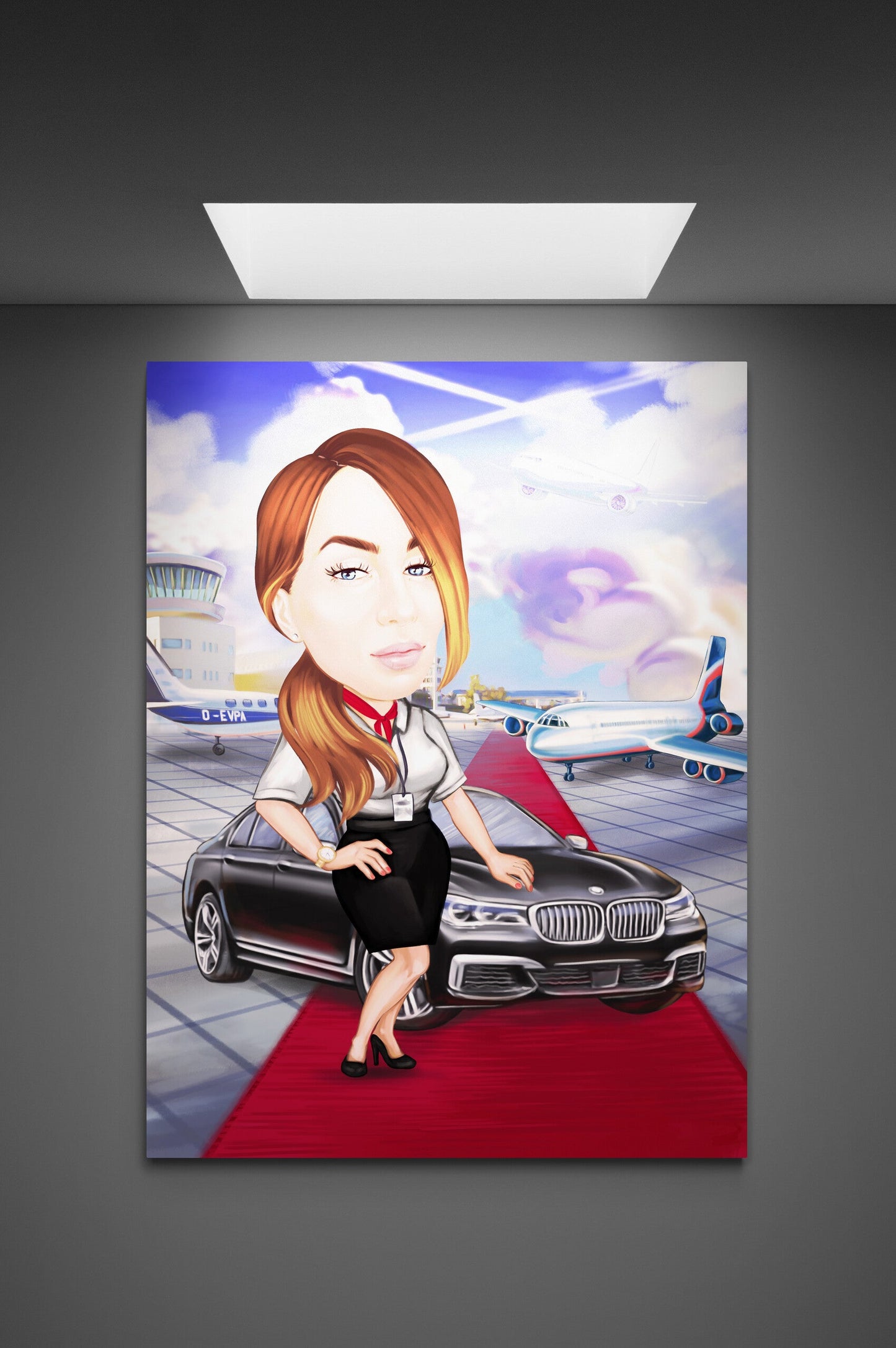 At the airport with the car caricature