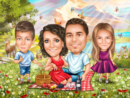 Family picnic with birds caricature