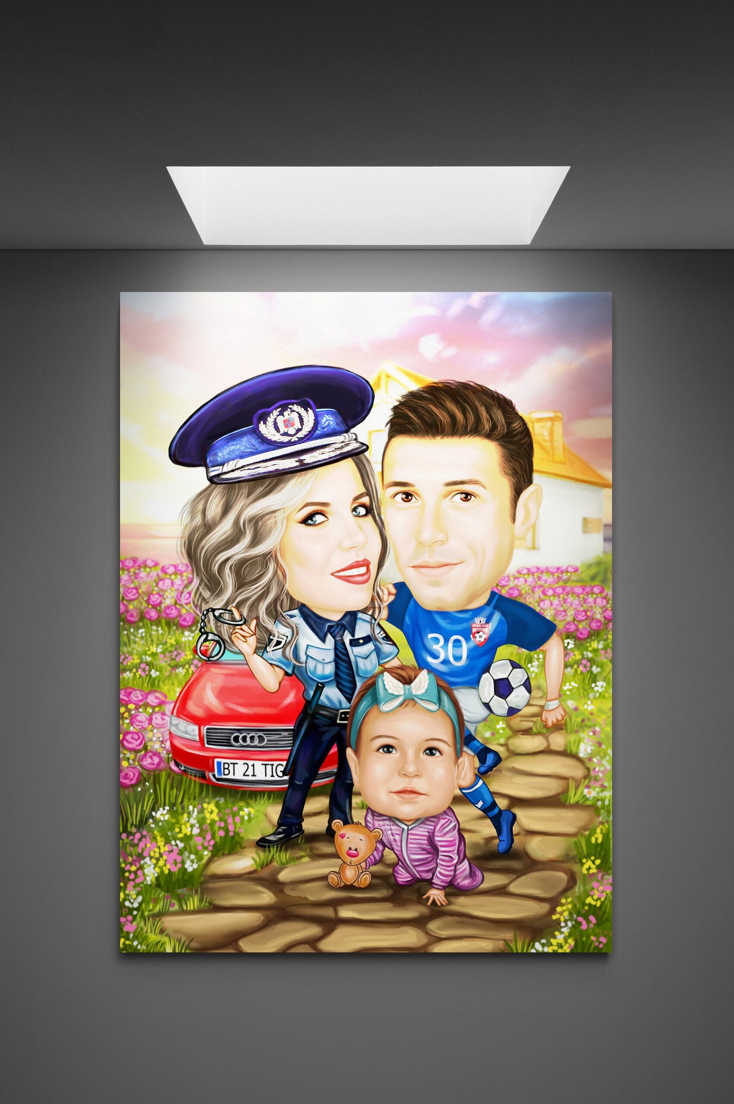 Mother policewoman family caricature