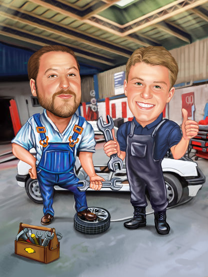 Mechanics in the workshop caricature