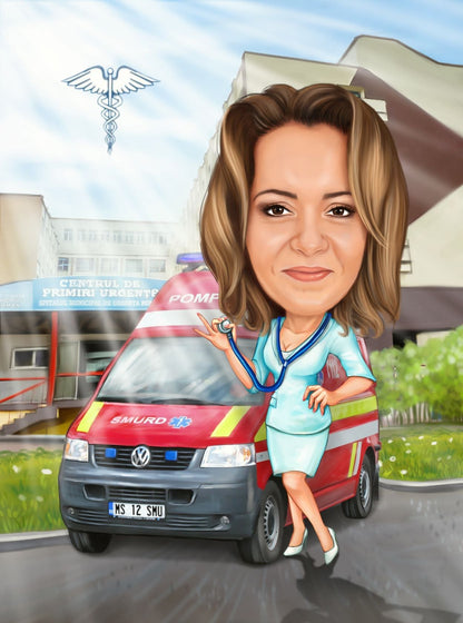 Ambulance doctor caricature