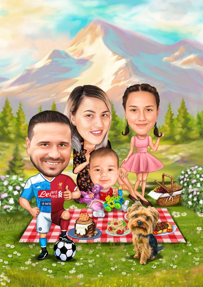 Family picnic caricature