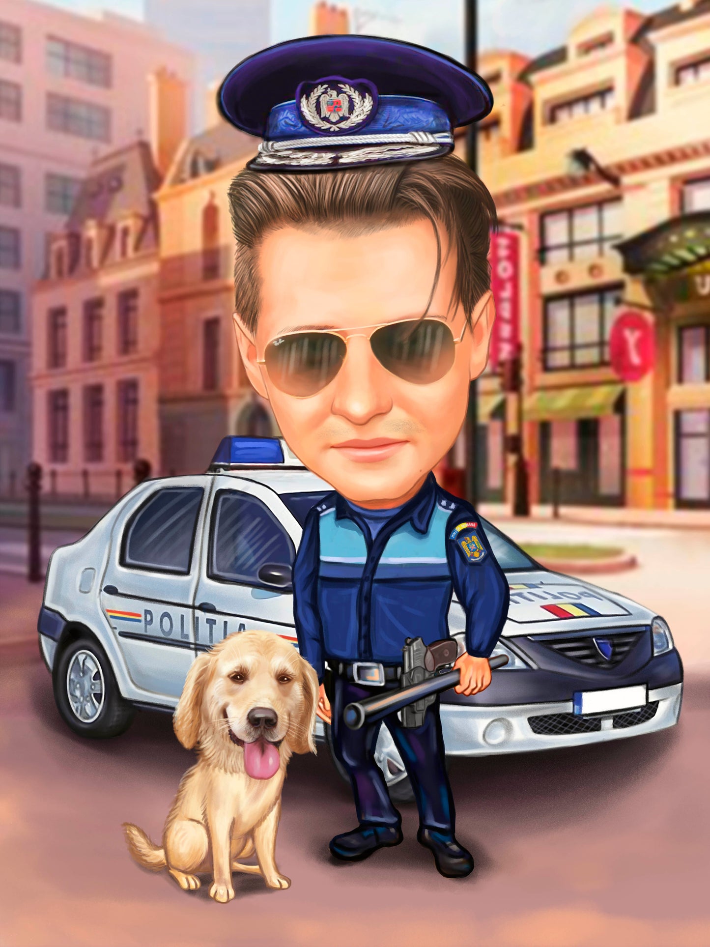 Policeman with a dog caricature