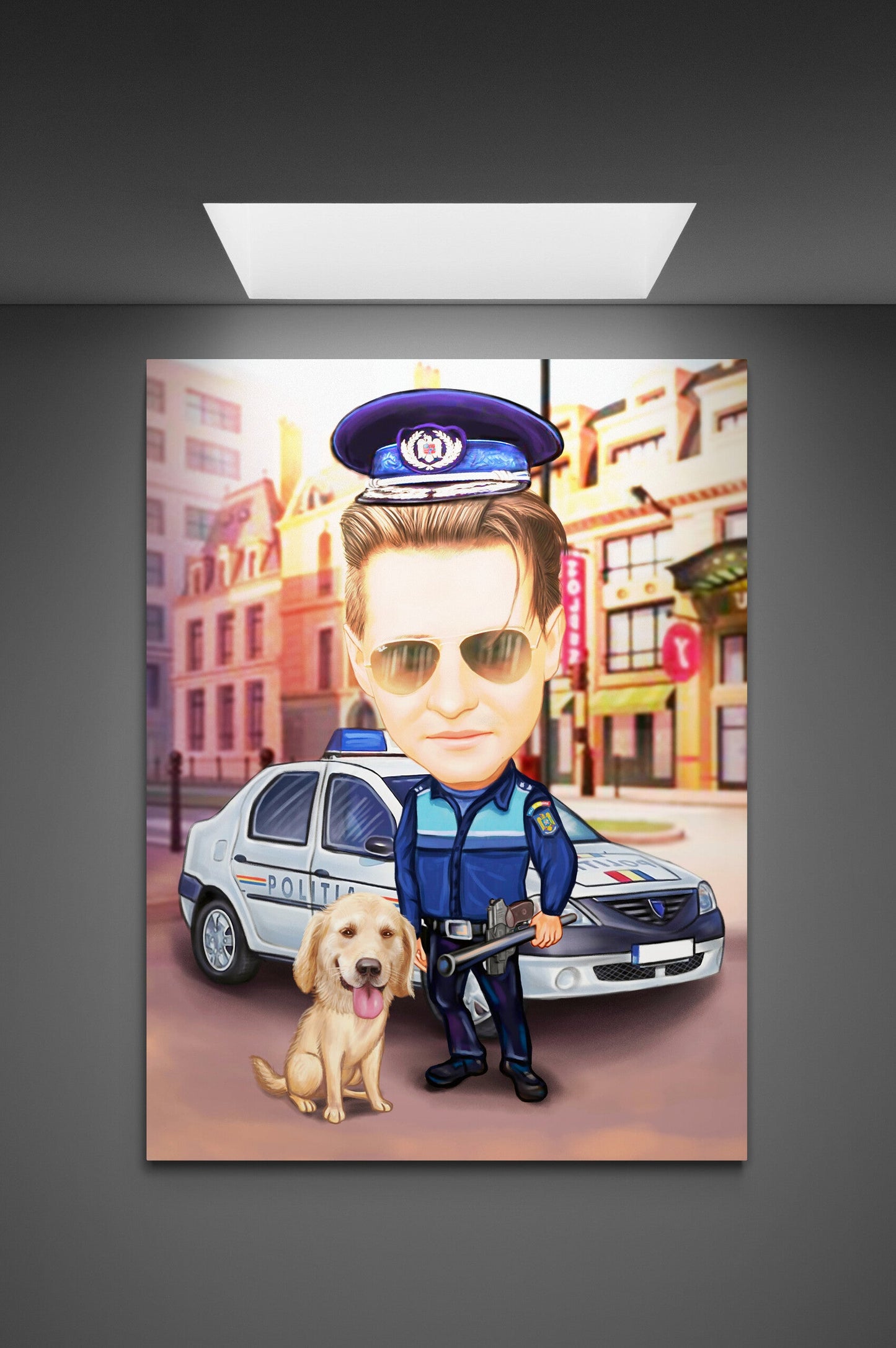 Policeman with a dog caricature