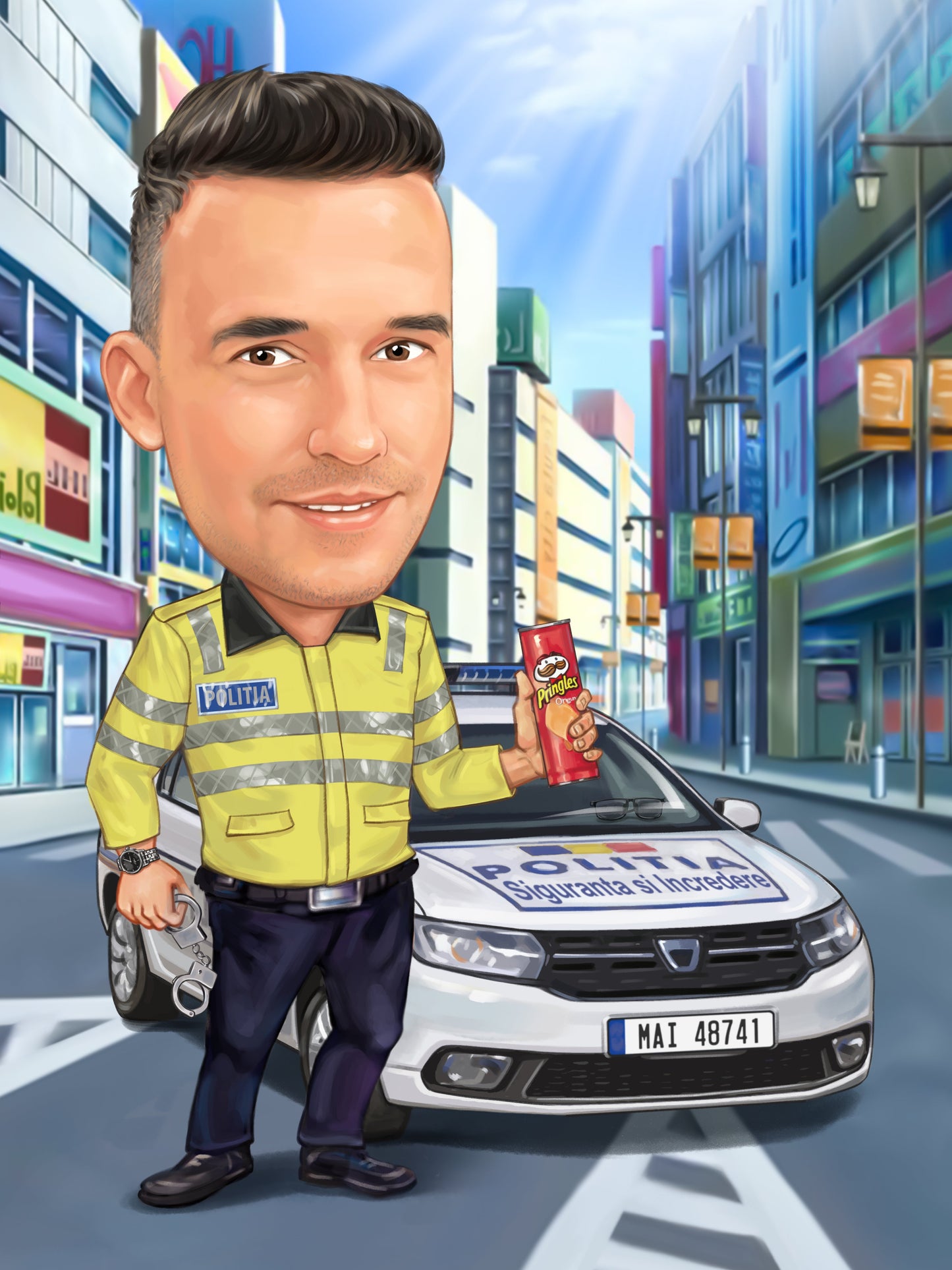 Policeman with chips caricature