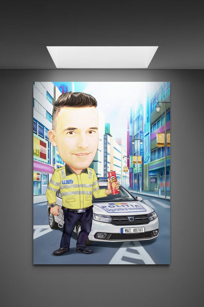 Policeman with chips caricature