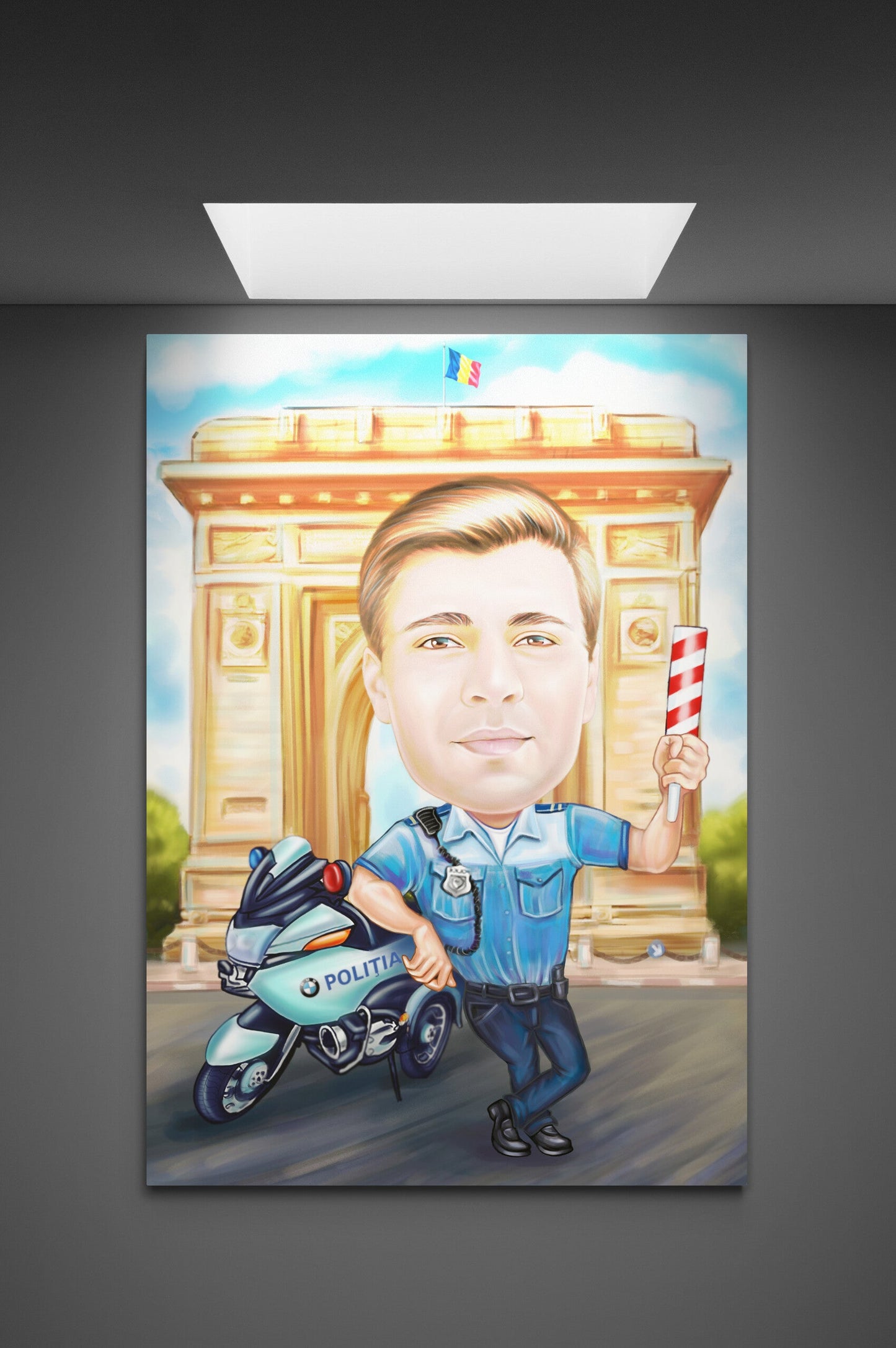 Policeman with motorcycle caricature