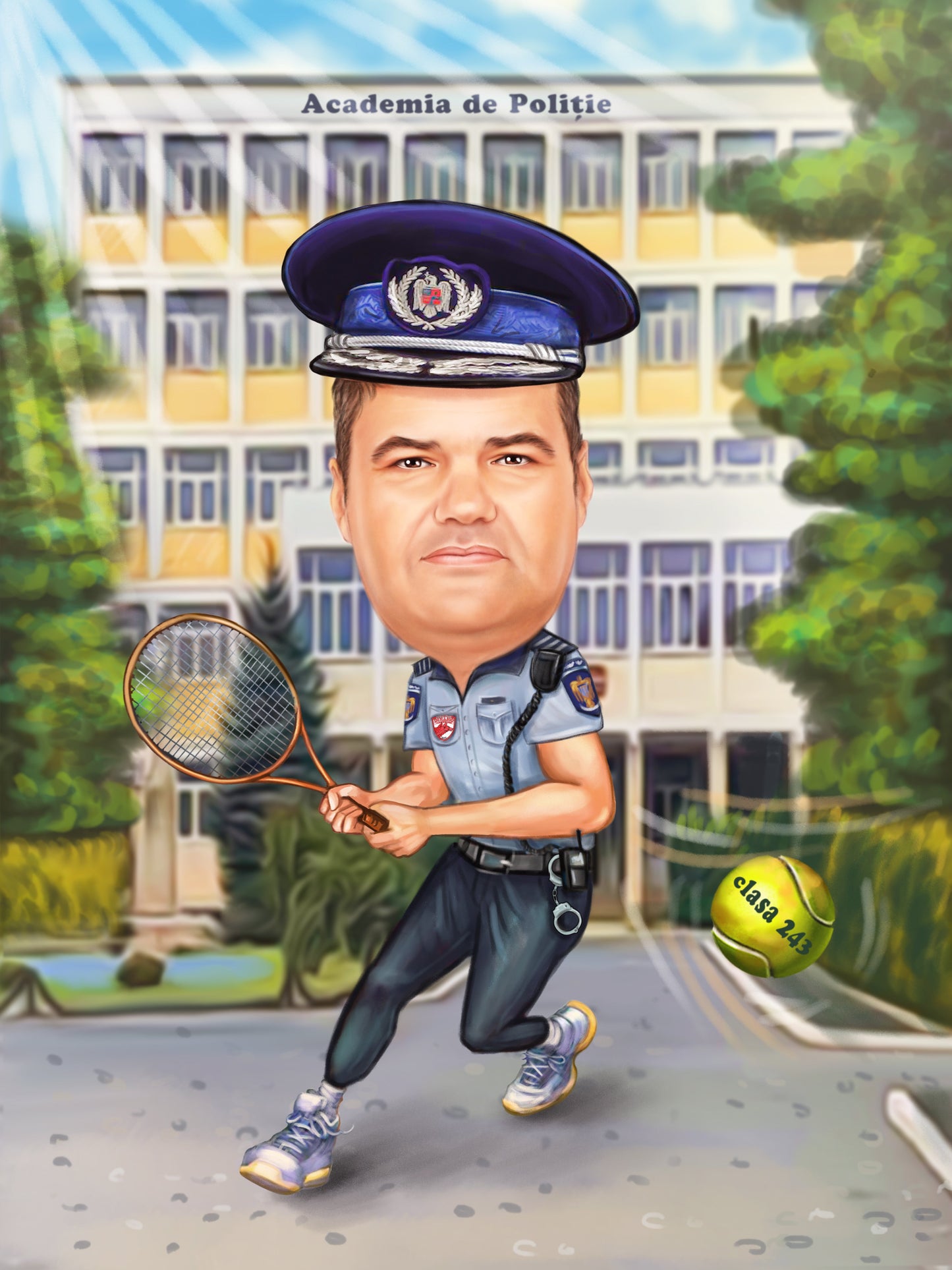 Policeman playing tennis caricature
