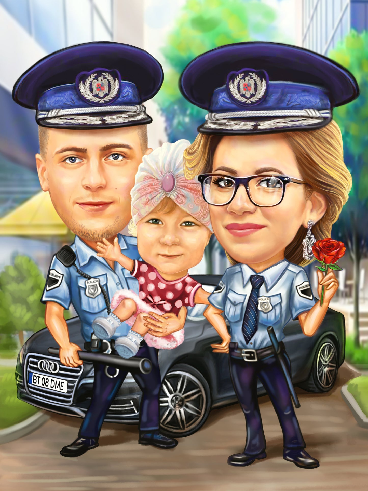 Police family with a baby caricature