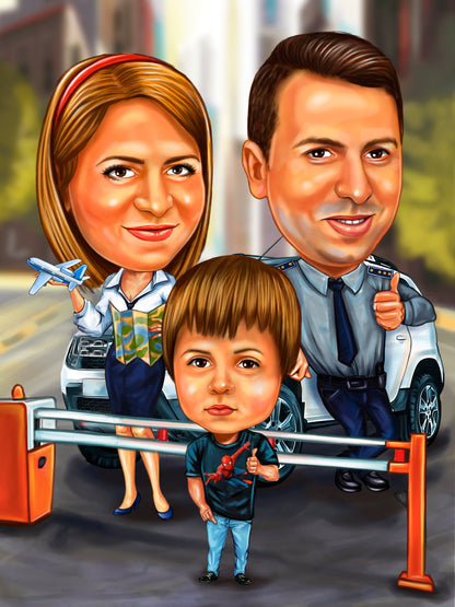Dreaming police family caricature