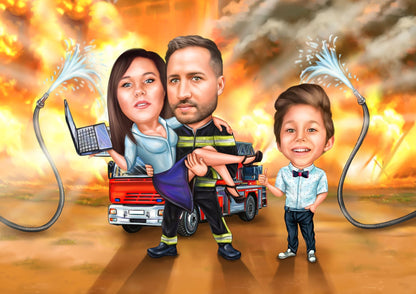 Firefighter holding wife family caricature