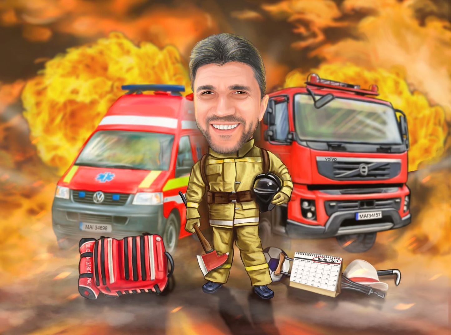 Fireman in action caricature
