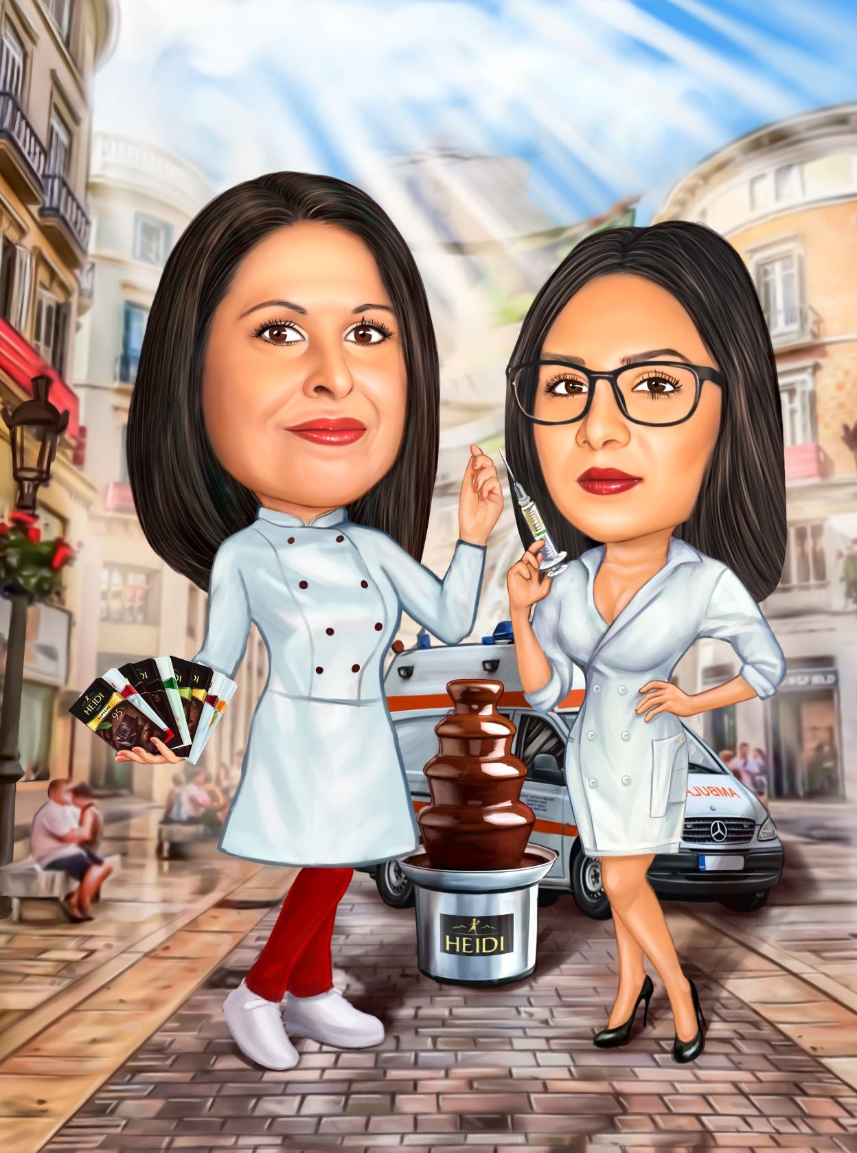 Confectioner and doctor friendship caricature